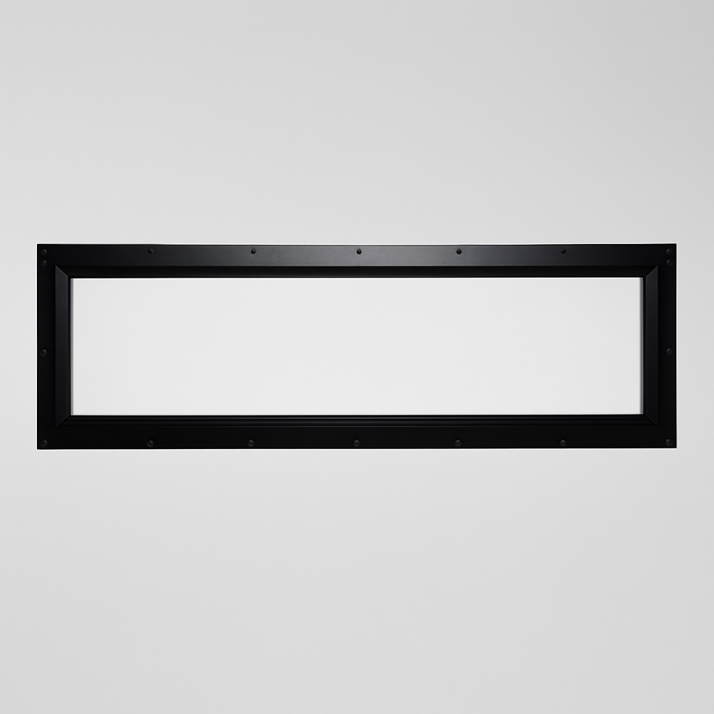 42″ × 11″ Clear Frame Hunting Blind Window — Cinemascope front-wall hunting window — clear-glass aluminum frame.