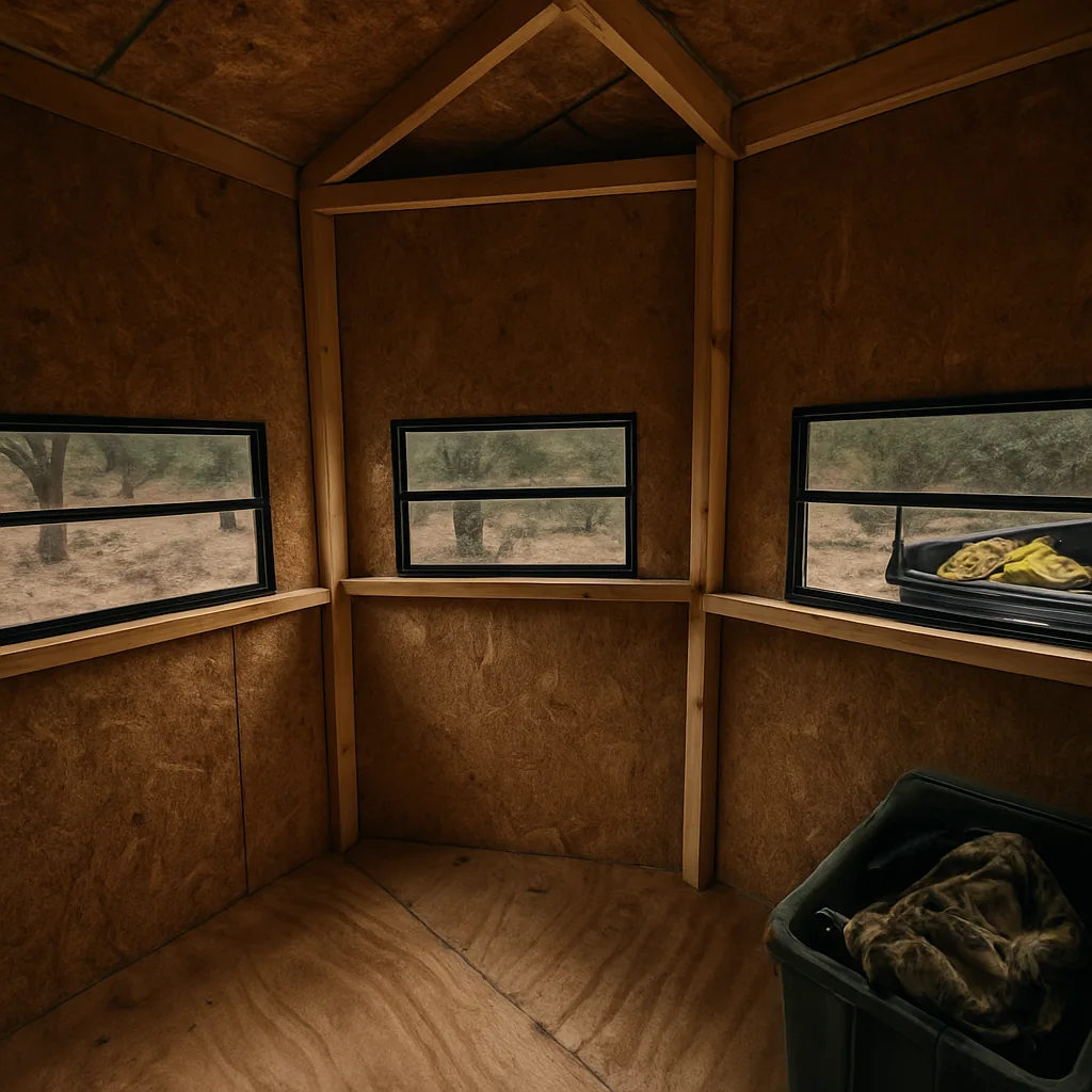Hunter installing a tinted hunting blind window inside a box blind