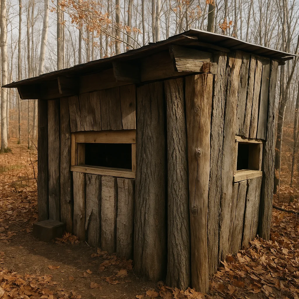 The Hunt Supply elevated insulated deer blind set against the treeline at first light
